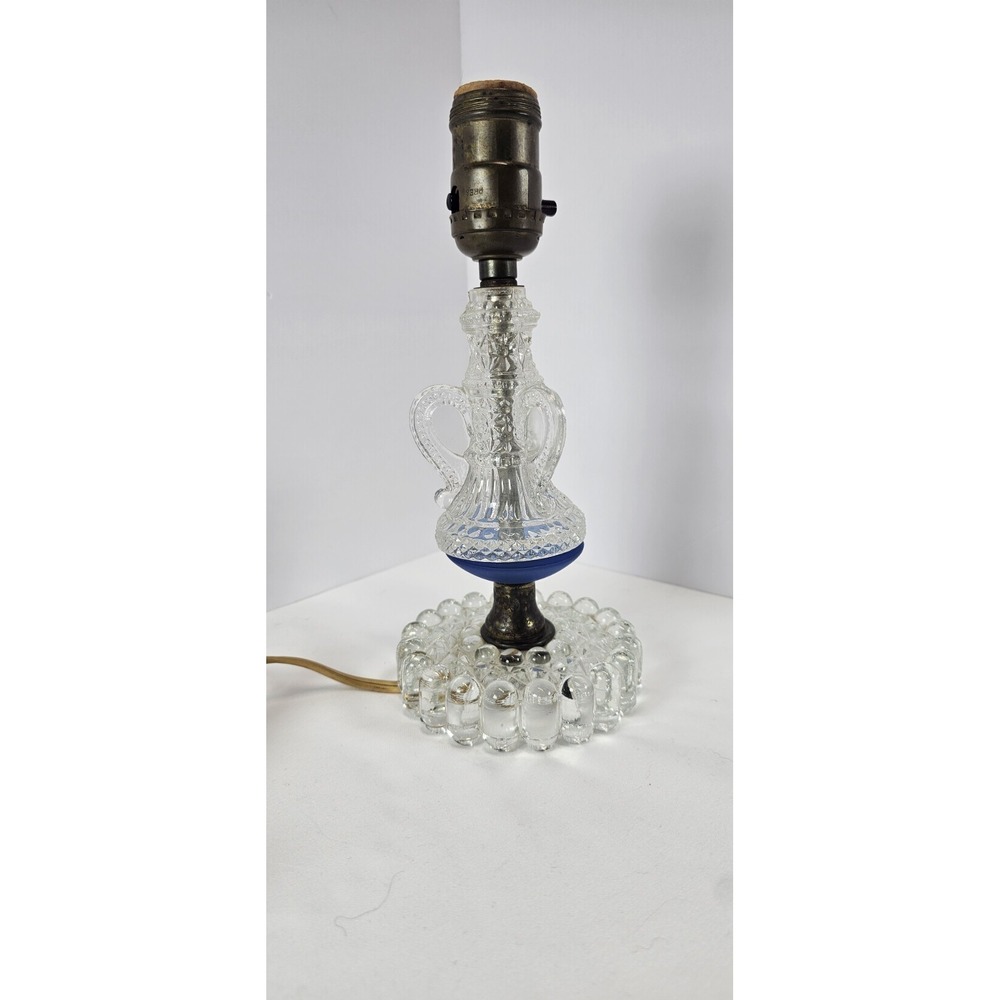 Vintage Clear Pressed Glass Boudoir‎ Table Lamp Base Blue Accent - Working